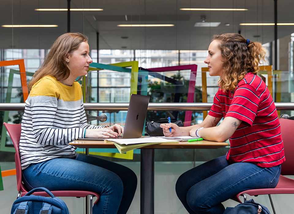 Students sitting opposite each other with laptops
